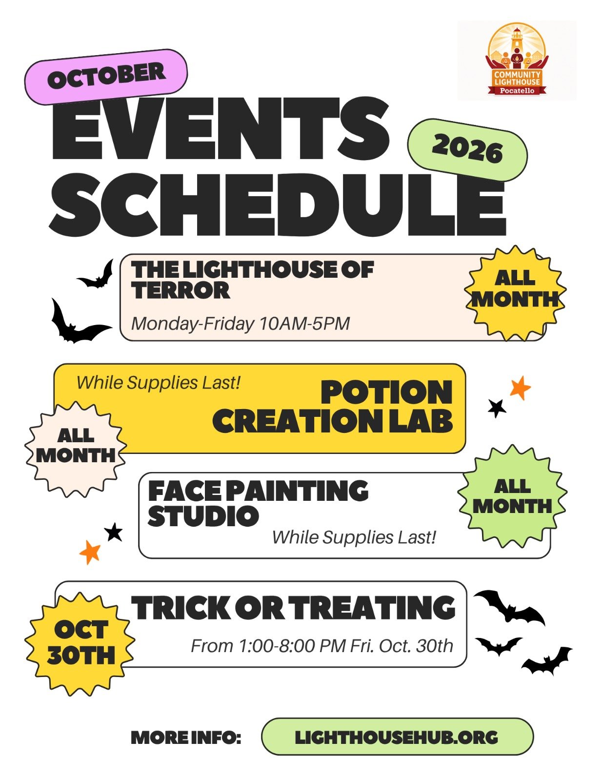 Community Lighthouse Pocatello October 2026 Events Schedule